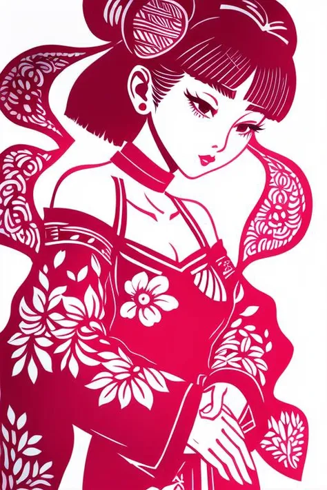 jianzhihua,(white background:1.4), paper cut,a woman in a Pink Off Shoulder Pajamas,<lora:jianzhihuaepoch-000006:0.66>