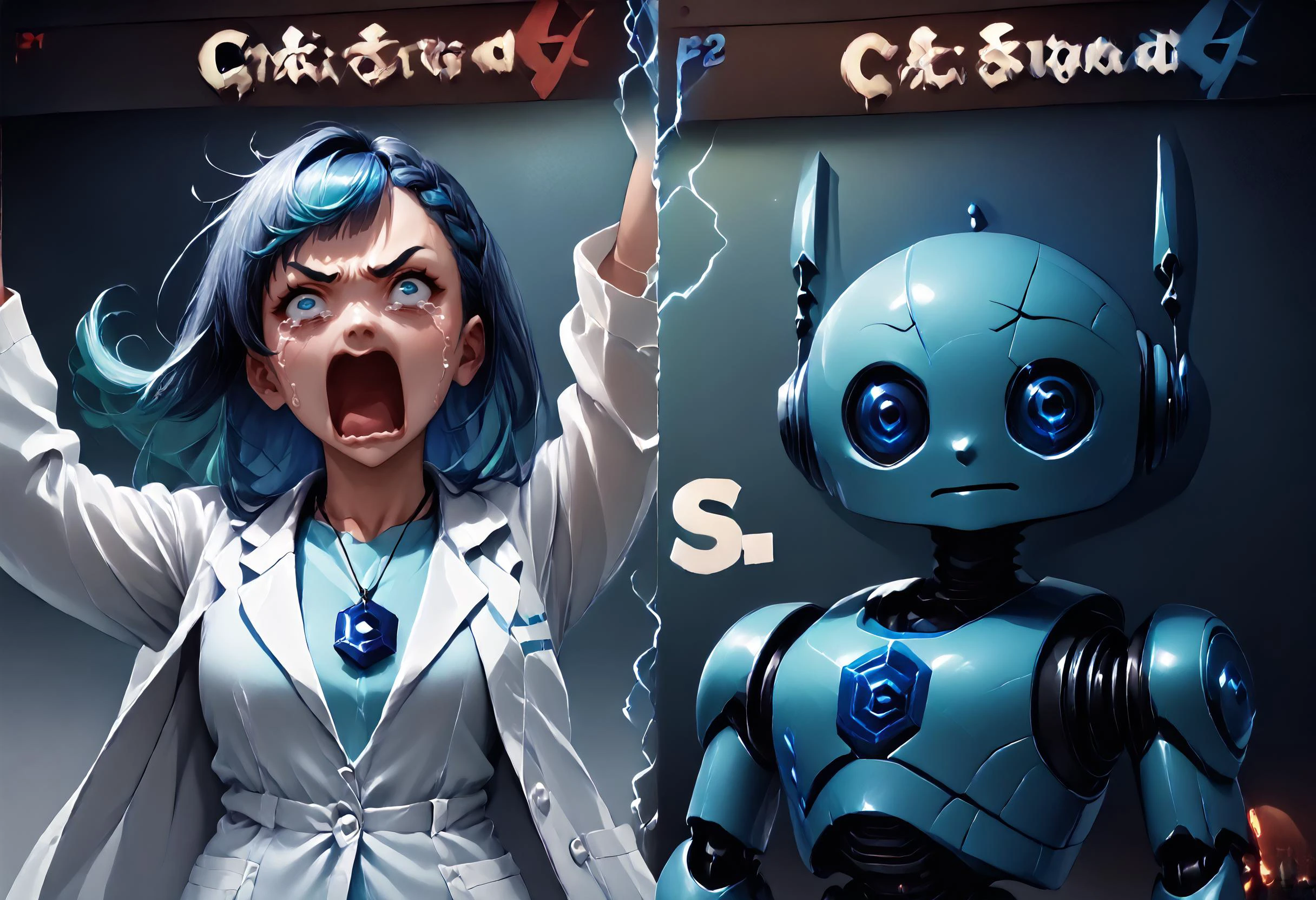 score_9, score_8_up, score_7_up, source_anime, detailed, incrsssbuvs, electricity, <lora:SSBUVSScreen_XLPD:0.55>, upper body, solo,
BREAK <lora:gijinkaseries_civitai_ponyXL:1>, civitai-chan, braided bangs, labcoat, shirt, necklace, <lora:concept_aquascreaming_ponyXL:1> aquascreaming, screaming, open mouth, crying with eyes open, 1girl,
BREAK <lora:CivBotPDXL:1>, CivBot, blue robot, no humans,