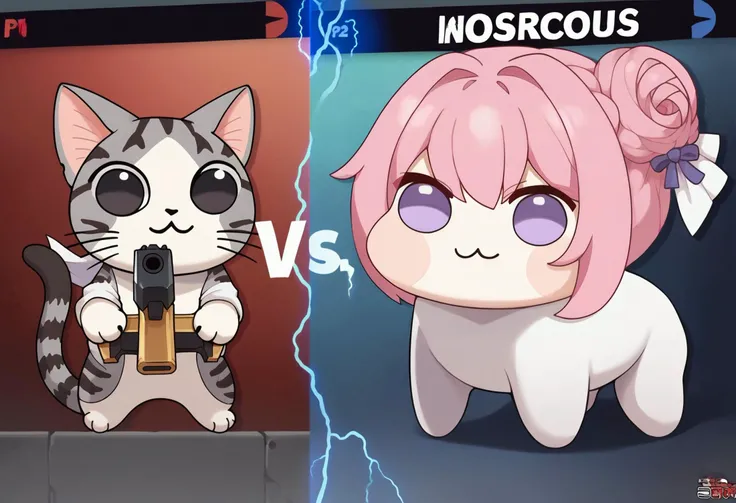 score_9,score_8_up,score_7_up,IncrsSSBUVS, electricity,
BREAK
ChiYamada, cat, black eyes, no humans, holding handgun, pistol,
BREAK
BREAK
doro, creature, :3, chibi, pink hair, purple eyes, hair bun, hair bow, no humans, white skin, four legs, solid circle eyes, no pupils, all fours,
<lora:SSBUVSScreen_XLPD:0.9> <lora:ChamChiYamadaPonyXL:1> <lora:Doro_X_PDXL_V1:0.7>