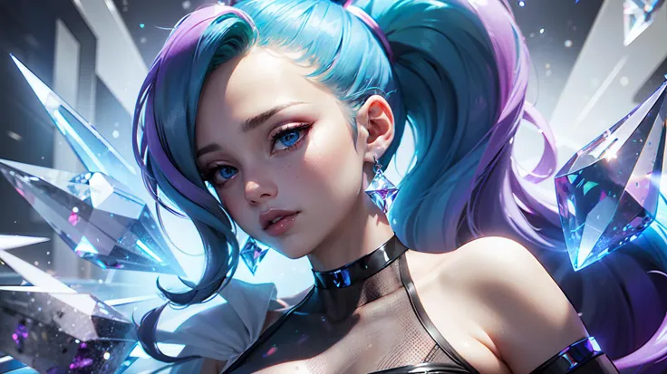 masterpiece, best quality, highres, seraphine1, 1girl, solo, blue hair, k/da \(league of legends\), very long hair, multicolored hair, jewelry, ponytail, blue eyes, earrings, dress, black choker, two-tone hair, purple hair, black thighhighs, bracelet, black skirt, crystal, large breasts,upper body,Facial close-up,