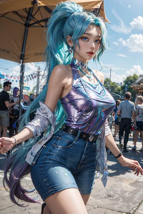 masterpiece, best quality, highres, seraphine1, 1girl, solo, blue hair, k/da \(league of legends\), very long hair, multicolored hair, ponytail, blue eyes, earrings, two-tone hair, purple hair, large breasts, <lora:seraphine_(league_of_legends)_V1:0.6>, white shirt, jacket, jean, sleeveless, amusement park, outdoors,, best quality, UHD, ccurate, award winning, super detail, 4K