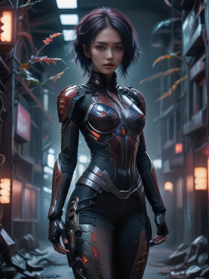 A woman in a futuristic suit standing in an alley - SeaArt AI