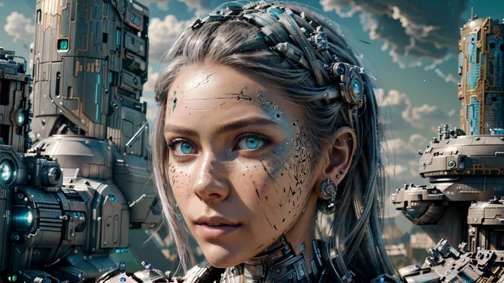 woman, (masterpiece, beautiful and aesthetic:1.3), (at a distance), extreme detailed, (((8k))),colorful,highest detailed ((ultra detailed)), damaged female  african cyborg (at a distance), blue and green eyes, ultra detailed face with freckles, chipped paint in face, nose pircing, amputated legs, destroyed, (shy smirk), highly detailed face, ultra detailed, broken parts of body, silver plated, with scratches and holes ,face is android,laying on the ground, (high resolution:1.4), destroyed city ((far away, background)), surrounded by cyborg parts, (ultrarealistic:1.2), photo ((from distance:1.5)), (masterpiece), (best quality), medium shot, 40mm focal length, Canon EOS 5D Mark IV,ultra realistic, aesthetic, hyper detailed,