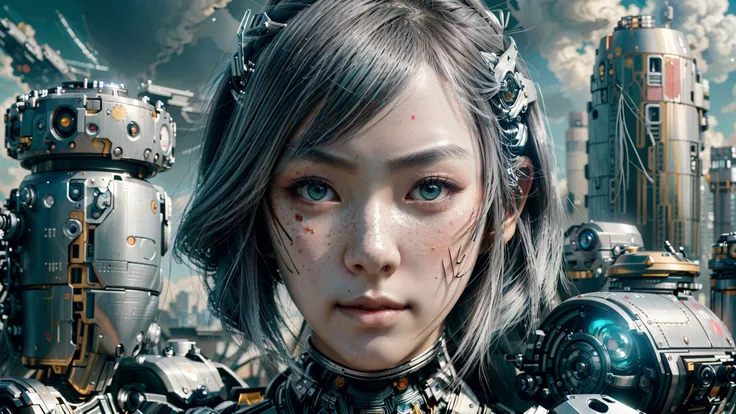 japanese, woman, (masterpiece, beautiful and aesthetic:1.3), (at a distance), extreme detailed, (((8k))),colorful,highest detailed ((ultra detailed)), damaged, cyborg (at a distance), blue and green eyes, ultra detailed face with freckles, chipped paint in face, nose pircing, amputated legs, destroyed, (shy smirk), highly detailed face, ultra detailed, broken parts of body, silver plated, with scratches and holes ,face is android,laying on the ground, (high resolution:1.4), destroyed city ((far away, background)), surrounded by cyborg parts, (ultrarealistic:1.2), photo ((from distance:1.5)), (masterpiece), (best quality), medium shot, 40mm focal length, Canon EOS 5D Mark IV,ultra realistic, aesthetic, hyper detailed, full body,