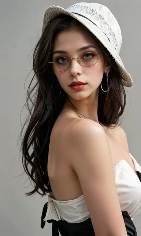 1girl, sunglasses, solo, hat, lipstick, red lips, long hair, dress,looking at viewer, plunging neckline, makeup, monochrome, white background, earrings,from side, cleavage, jewelry, upper body, spot color, hair over shoulder, collarbone, black dress,bad-girl, large breasts,shiny skin,(mature female),<lora:badgirl-test-lora-wdvae-6ep-resize:0.7>