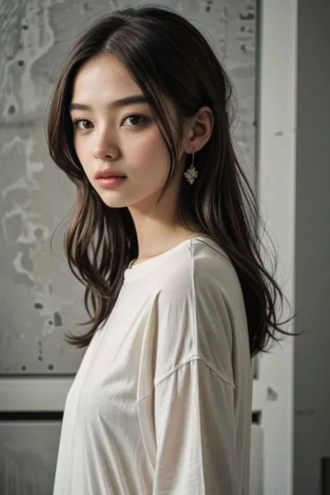 from below,(Highest quality, Very detailed, masterpiece:1.2), 1 women, Very thin body, length, Thin legs, ((Black wavy short hair:1.2)), ((Thick and fluffy bangs)), Very detailedな顔,A faint smile, small, Thin Nose, small thin mouth, Extremely sharply focused eyes, Japanese, Beautiful Face, Realistic eyes, Beautiful and beautiful eyes, Realistic Skin, Beautiful Skin, charm, (A vivid face), Beautiful Hairstyles,((Over Size pink Tシャツ)),脇を見せる,腕を上げる,Creepy and unique hairstyles,下からのアングル, High resolution, Vibrant color palette, Amazing place,Characteristic dark shadows and strange details, background, Backwards