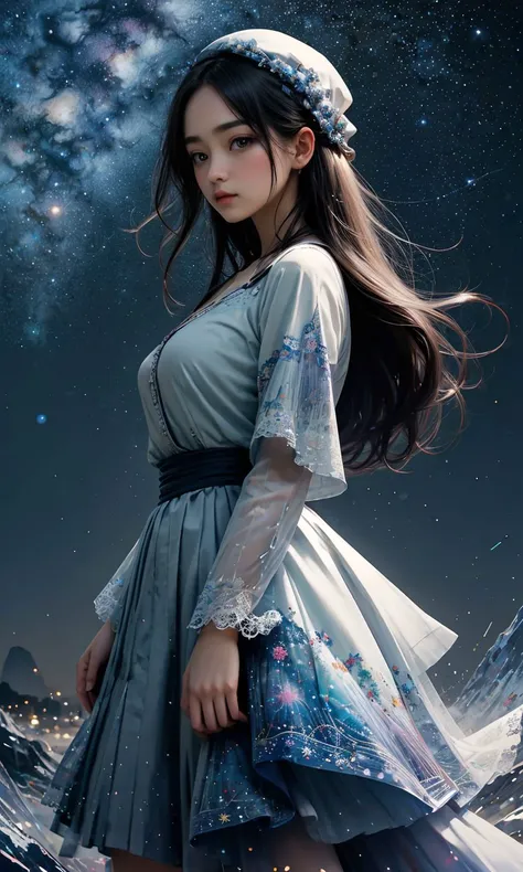 hyper detailed, official art, unity 8k wallpaper, ultra detailed, beautiful and aesthetic, beautiful, masterpiece, best quality, [zentangle, mandala, tangle, entangle:0.8],, A girl named Mana Ashida,solo, beautiful detailed body, Pleated midi sundress with a square neckline and cap sleeves,Spectacular starry night sky with the Milky Way galaxy