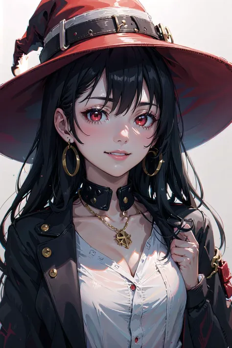 (highly detailed:1.3), 
1girl, solo, light smile, (white background:1.2), 
<lora:Nevin:0.7>, Nevin, (red eyes:1.3), witch hat, rugged witch cothes, earrings, necklace,   
Ultra-detail, (highres:1.1), best quality, (masterpiece:1.3), cinematic lighting, 
(highly detailed face and eyes:1.3),