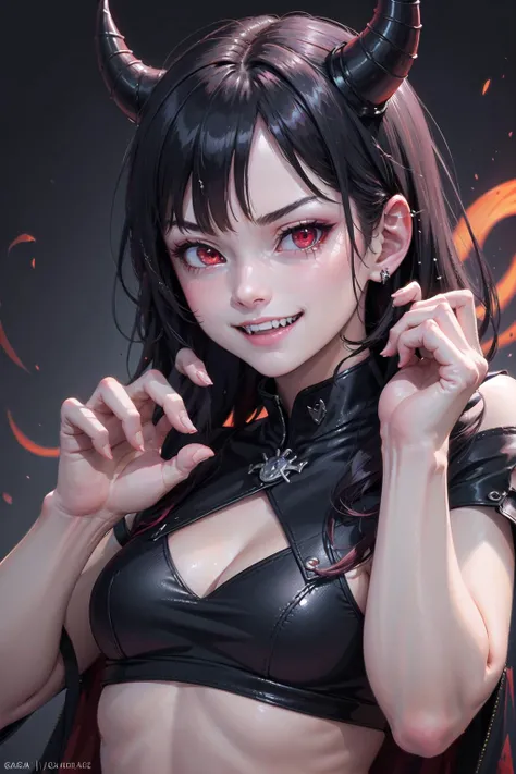 (highly detailed:1.3),
1girl, solo, upper body, (evil grin:1.3),
<lora:Nevin:0.6>, Nevin, (red eyes:1.3), demon girl, demon horns, (gao:1.2), (claw pose:1.2), (fangs:1.2),
Ultra-detail, (highres:1.1), best quality, (masterpiece:1.3), cinematic lighting,
(highly detailed face and eyes:1.3),