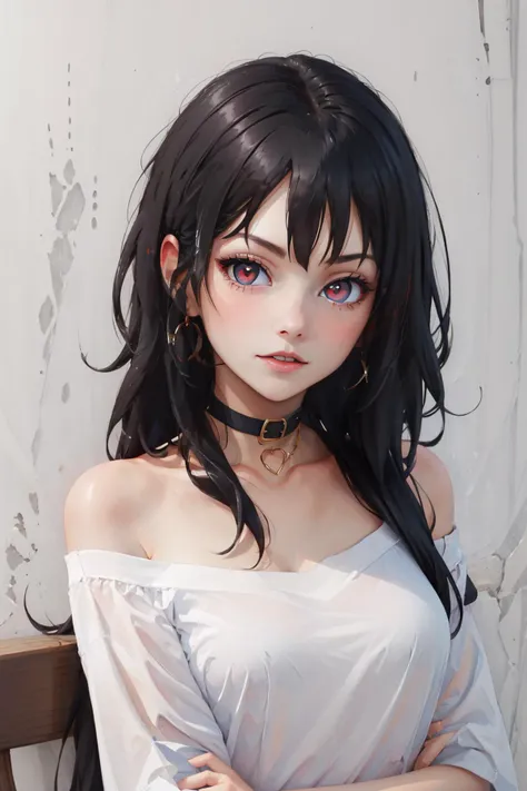 masterpiece, best quality, closeup, incrsslitpupil 1woman, Nevin, black hair, red eyes, off-shoulder shirt, bare shoulders, choker, <lora:SlitPupils:1> <lora:Nevin:0.75> Nevin, red eyes,