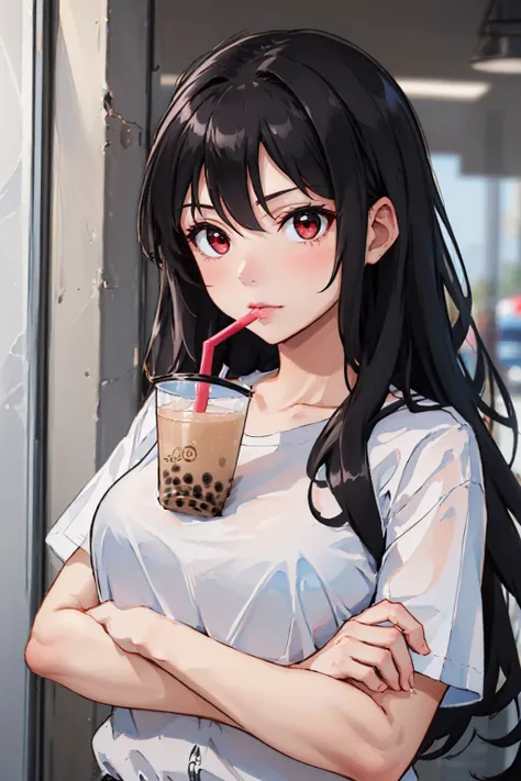 (masterpiece, best quality:1.2), upper body, solo, 1girl, nevin, bubble tea challenge, drinking straw, crossed arms, long hair, black hair, red eyes, white shirt <lora:Nevin:0.8> <lyco:concept_bubbleteachallenge-16:1>