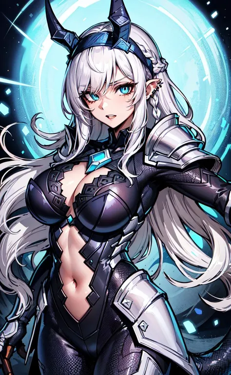 close up shot of a woman in a silver and blue dress, silver armor, large breasts, cleavage, chengwei pan on artstation, by Yang J, detailed fantasy art, stunning character art