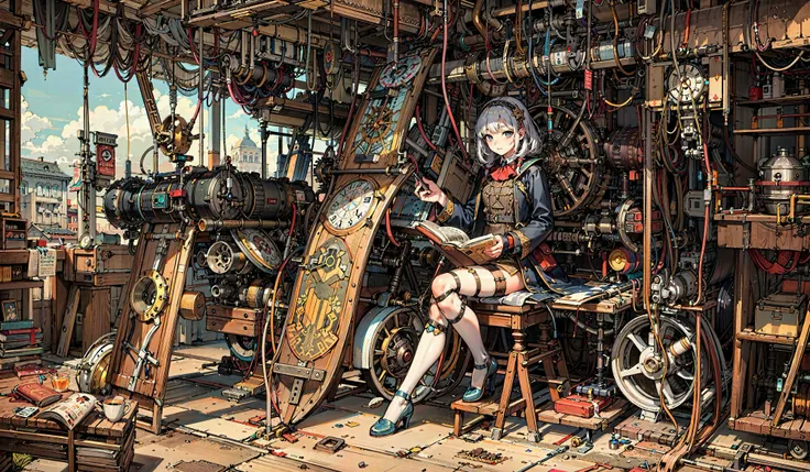 (a girl in steampunk fantasy world), (ultra detailed prosthetic arm and leg), (beautifully drawn face:1.2), blueprints, (potions), mechanical tools, plants, (a small cat pet:1.1), silver hair, (full body:1.2), magic dust, books, (reading book:1.2) BREAK
(complex ultra detailed of medieval fantasy city:1.2), (steampunk fantasy:1.4), indoors, (workshop:1.1), (Steam-powered machines:1.4), (clockwork automatons:1.4), (a small wooden toy:1.2), (intricate details:1.3), lamps, colorful details, iridescent colors, BREAK
illustration, ((masterpiece:1.2, best quality)), 4k, ultra detailed, solo, (photorealistic:1.2), (asymmetry:1.1), sitting, Hayao Miyazaki, Katsuhiro Otomo, Hiromu Arakawa, Hiroshi Yoshida