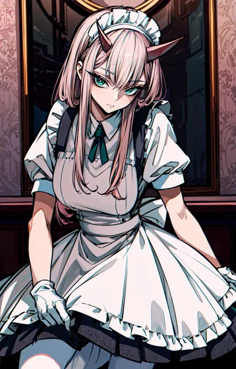(masterpiece, best quality)1.2, (extremely detailed cg, ultra-detailed, best shadow, high contrast, sharp edges, black outline):1.1,(finely detailed beautiful eyes: 1.2)(sharp detailed eyes and detailed face:1.3),<lora:add_detail:1> , zerotwo <lora:zerotwo_offset:1>,(((pink hair))),((pastel hair)),(((green eyes))),bangs,red ori horns,looking_at_viewer, maid,white_gloves, maid_headdress, puffy_short_sleeves, solo,white_apron, white_pantyhose,maid_apron, pleated_dress, frilled_dress, long hair