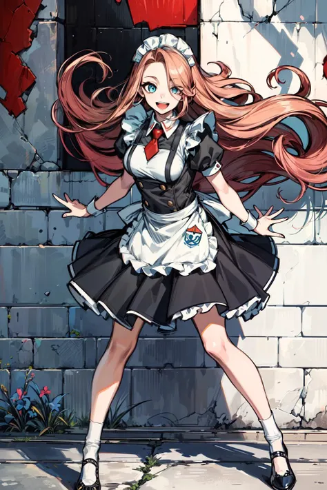 absurdres ,(extraordinary quality, ultra detailed,:1.5)
hires, super fine illustration,4k,
natural lighting,(street wall:1.15)
break
1 milf, beautiful very long smooth curly pink hair, brilliant eyes, ultimate beautiful face, forehead, curvy,
maid uniform,
(happy:1.3), (vigour:1.2), smile,
eye contact,
break
fullbody,(depth of field),nice hand,
<lora:flat2:-0.5> <lora:GoodHands-vanilla:0.5>