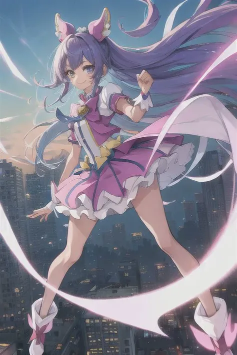 best anatomy, detailed eyes, (mahoushoujo:1), solo, 1girl ,magic wind, long hair, smile, ruined city, detailed background