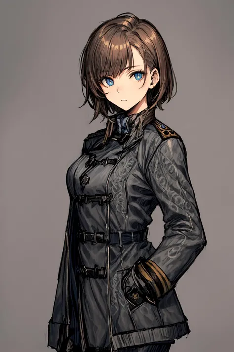 (masterpiece:1.3), (best quality:1.2), ((1girl)), ((1girl)), ((female_solo)), detailed_face, (((Grey military uniform coat:1.5))),((brown hair)), very short hair, black gloves, simple background, battlefield, ((blue eyes)),(beautiful detailed background, intricate details, high resolution illustration,ultra-detailed,detailed lights,detailed shadow,cowboy shot),<lora:add_detail:0.7>,