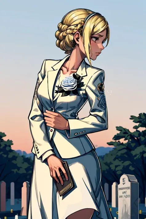 memorial, National Cemetery, express condolences, edgCosette, blonde hair,braid, flower, white suit, white skirt <lora:edgRosaCosettedElise:1> <lora:hyperdetailer_v080:0.7>
