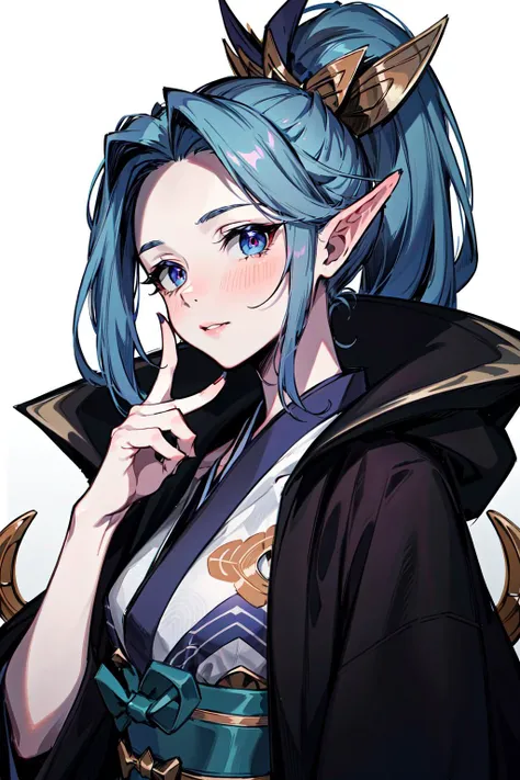 absurdres, best quality, 1girl, solo, looking at viewer, eye focus, <lyco:GoodHands-beta2:1.0>, <lora:spirit_blossom_vayne:0.8>, spirit blossom vayne, kimono, hair ornament, blue hair
