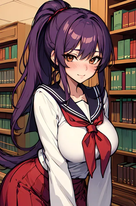 (masterpiece:1.2, best quality), 1lady, solo, purple hair, ponytail, brown eyes, big breasts, serafuku, soft smile, Library, (seduce), (blush), pile of books