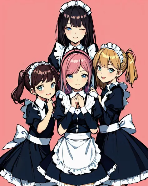 absurd-resolution, ultra-detailed, (best quality illustration), 8K, ultra high res, cowgirl shot, simple background, (flower-style background) (3girls:1.2), side by side, (very cute, cheerful, wink), pink and yellow and blue maid outfit, mini-skirt, perfect hand