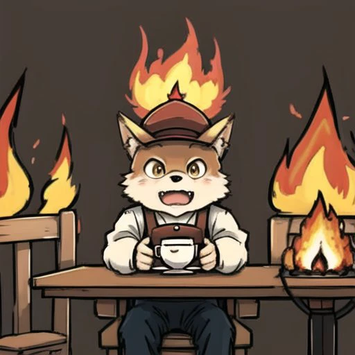 1boy, muscular, itsfine,  itsfine, ((room on fire)) a charming shelti dog wearing a small hat, (hat on fire) shelti, sitting in a chair in front of a fire, cup of coffee on table, brown-yellow fur, black floppy ears, heavy fire on the background, meme, distressmale wolf anthro, furry, kemono,  fluffy fur, solo,  <lora:MEME_thisisfineV3:0.2> <lora:CHAR_REAL_Gigachadv1:0.4>  <lora:improve_backgrounds:0.2> <lora:STYLE_1MbLORATrainedIn5MinsThatDoes_1:0.3>  <lora:NSFW_BODY_FUR_(concept)N
R\BcR6	hyper_muscle_2-000006:0.6> <lora:BODY_ANIMAL_shelti:0.2>