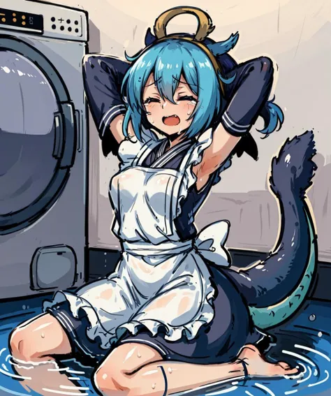 masterpiece, extreme quality, cg, 1girl, laundry_dragonmaid, tears, looking_at_viewer, (dragon_tail), short twintails, <lora:dragonmaidlaundry:0.6>, Washing machine, on floor, Hands above head, closed eyes, flat breast, Puddle of water, falling water