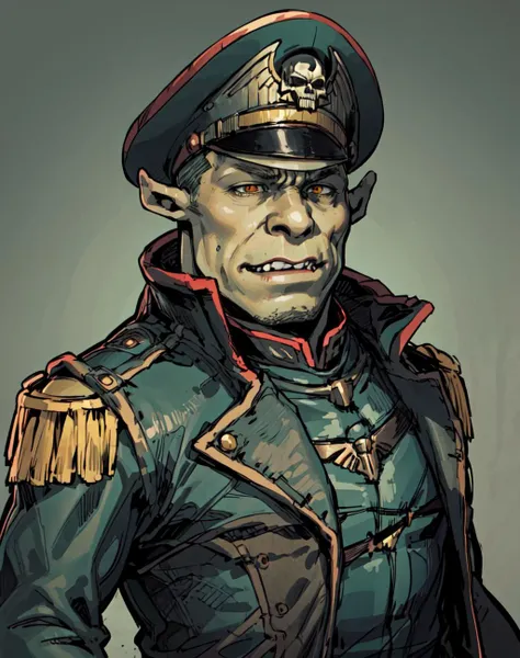 masterpiece, best quality, solo,
edgCommissar, upper body, man, uniform, epaulettes, wearing edgCommissar, skull emblem, millitary uniform, hat, Warhammer Commissar,
Shrek, orc, green skin, fangs,
<lora:edgWar40kCommissarv1:1>,
<lora:ShrekDoguVersion2:1>