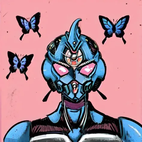 masterpiece, best quality,  g01, guyver unit, pink_background, cute, looking_at_viewer,blue_butterfly,  <lora:Guyver_v15:1>, <lora:head:0.7>,