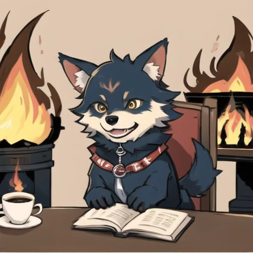 , itsfine, itsfine, a dog sitting in a chair in front of a fire, cup of coffee on table, heavy fire on the background, meme in distressmale wolf anthro, furry, kemono, black fur, fluffy fur, solo, <lora:MEME_thisisfineV3:0.4> <lora:BODY_ANIMAL_shelti:0.3>