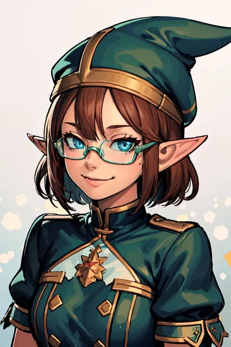 1girl, pointy ears, solo, blue eyes, glasses, mole, hat, short hair, smile, under-rim eyewear, semi-rimless eyewear, elf, brown hair, green headwear, looking at viewer, portrait, bangs, (gnome hat:1.3), uniform,
(lasterk:1.3),
<lora:lasterk-v3:1>