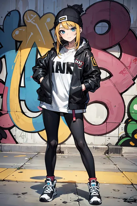 (masterpiece:1.2, best quality), (graffiti wall:1.2), 1lady, beanie, jacket, Leggings, blue eyes, fullbody,