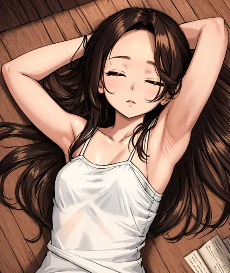 masterpiece, best quality, ultra-detailed, illustration, 1girl, brown counch, counch, camisole, white camisole, small breasts, black hair, long hair, black eyes, forehead, sleeping, closed eyes,