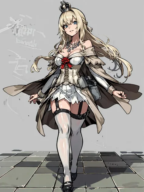 <lora:KC_Warspite:0.7> Walking as if stepping on legos, (WarspiteOG), 1girl, solo, long hair, mini crown, hairband, off-shoulder dress, ribbon, necklace, rose, cleavage, corset, long sleeves, garter straps, thighhighs, black footwear,   <lora:hiqcg_body_epoch:0.3> <lora:[Fix]beautifulDetailedEyes_v10:0.3:Faceaffectstrong>, <lora:asanagiStyleV3-NotFinal9:0.5>