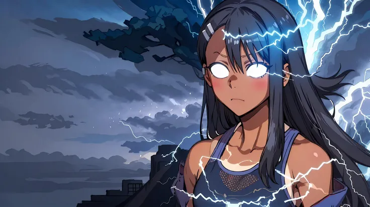 <lora:Nagatoro_V3:0.8> 1girl, asymmetrical bangs, bangs, black hair, long hair, dark skin, dark-skinned female, hair between eyes, hair ornament, hairclip, long hair, nagatoro hayase,
<lora:LowTierMeme:0.8> , incrslowtier, white eyes, lightning, electricity, dark sky, looking at viewer, facing viewer, glowing, expressionless, portrait,
sports bra, bare shoulders,, sharp focus, (8k), (4k), (Masterpiece), (Best Quality), intricate, hyper detailed, illustration, high resolution, highres, uncensored, soft lighting, specular lighting