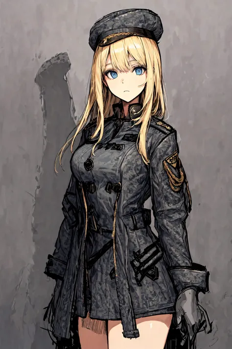 (masterpiece:1.3), (best quality:1.2), ((1girl)), ((1girl)), ((female_solo)), detailed_face, (((Grey military uniform coat:1.5))),((blonde hair)), long hair, black gloves, simple background, battlefield, ((blue eyes)),(beautiful detailed background, intricate details, high resolution illustration,ultra-detailed,detailed lights,detailed shadow,cowboy shot),<lora:add_detail:0.7>,