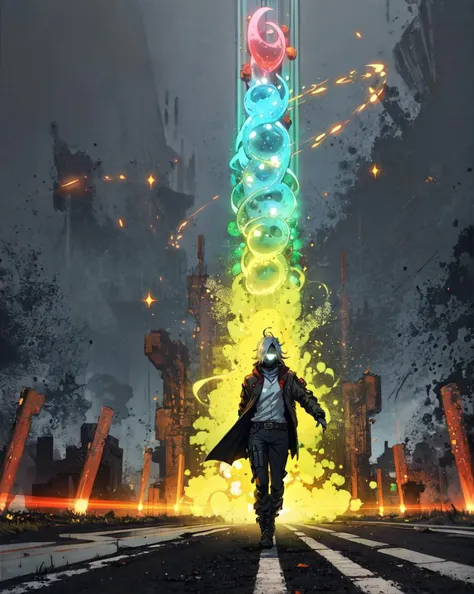 column lineup , vanishing point, holding, coat, hood_down, magic runes, magic, wind, light particles, neon glow, action, holding, Anime art Character WLOP