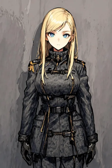 (masterpiece:1.3), (best quality:1.2), ((1girl)), ((1girl)), ((female_solo)), detailed_face, (((Grey military uniform coat:1.5))),((blonde hair)), long hair, black gloves, simple background, battlefield, ((blue eyes)),(beautiful detailed background, intricate details, high resolution illustration,ultra-detailed,detailed lights,detailed shadow,cowboy shot),<lora:add_detail:0.7>,
