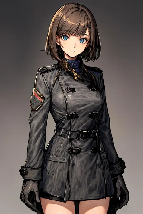 (masterpiece:1.3), (best quality:1.2), ((1girl)), ((1girl)), ((female_solo)), detailed_face, (((Grey military uniform coat:1.5))),((brown hair)), very short hair, black gloves, simple background, battlefield, ((blue eyes)),(beautiful detailed background, intricate details, high resolution illustration,ultra-detailed,detailed lights,detailed shadow,cowboy shot),<lora:add_detail:0.7>,