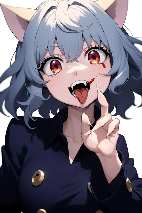 1girl, <lora:Neferpitou_CHARA7-000045:1>, impitou, blue shirt, buttons, long sleeves, curly hair, red eyes, upper body, close-up, open mouth, fangs, tongue out, :D, looking at viewer, claw pose, sharp fingernails, blood on face, blood,