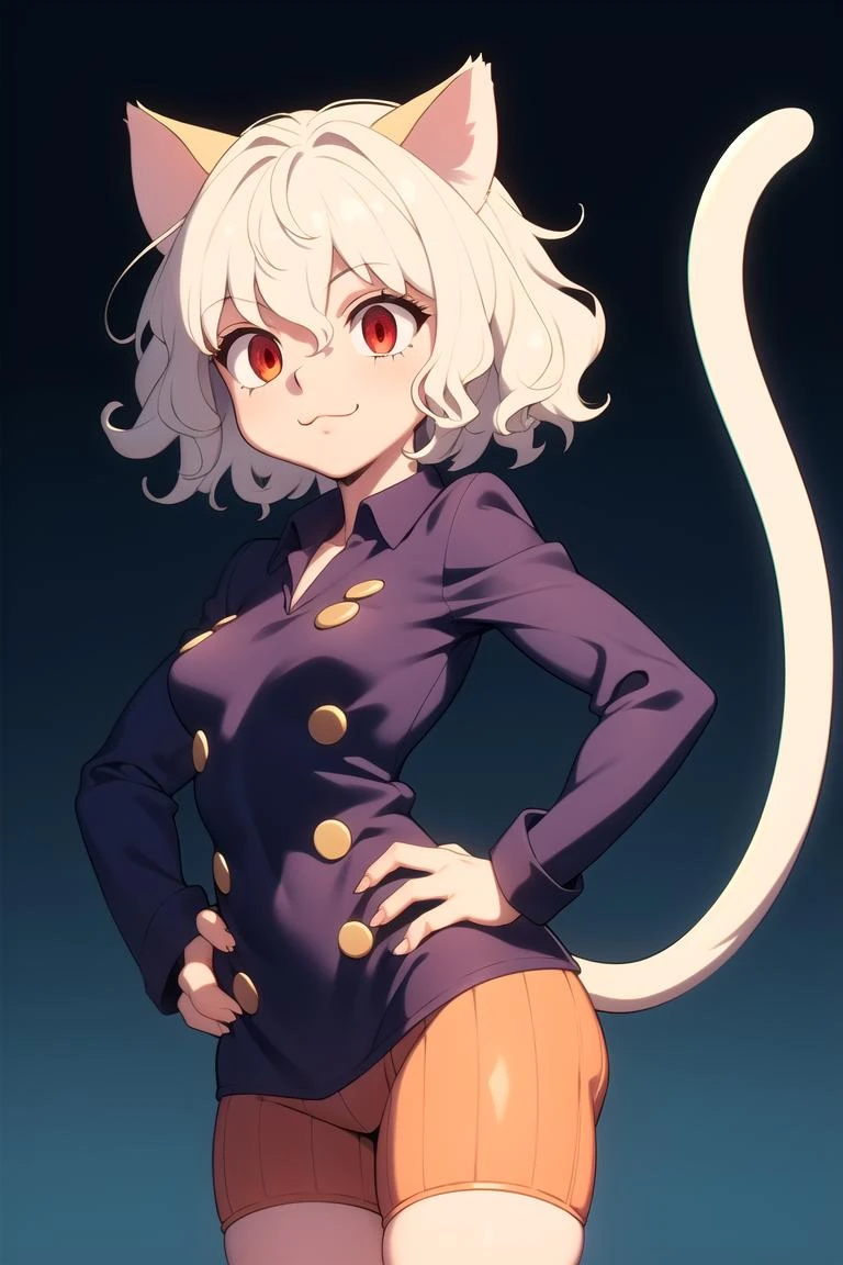 1girl, <lora:Neferpitou_CHARA7-000045:1>, impitou, orange shorts, blue shirt, buttons, long sleeves, :3, curly hair, red eyes, hands on hips, cat tail,