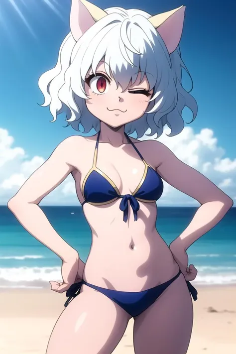 1girl, <lora:Neferpitou_CHARA7-000045:1>, impitou, bikini, beach, one eye closed, :3, hands on hips,