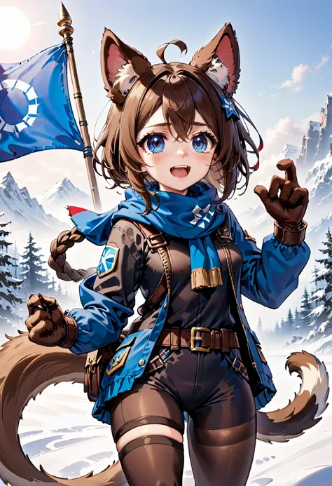 AnidskXL, 1girl, :d, animal, animal ears, bag, belt, black pants, blue eyes, braid, brown hair, dog, dog ears, dog girl, dog tail, fang, flag, fur trim, gloves, goggles, goggles on head, holding, long sleeves, looking at viewer, open mouth, pants, scarf, smile, snow, solo, tail, winter clothes, <lora:AnimeSDXLv1:0.8>