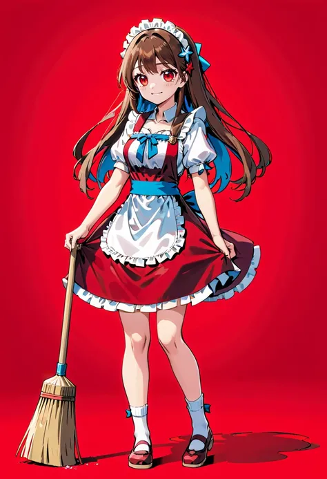 AnidskXL, 1girl, apron, broom, brown hair, dress, enmaided, full body, long hair, looking at viewer, maid, maid apron, maid headdress, mary janes, red background, red eyes, shoes, short sleeves, simple background, smile, socks, solo, sparkle, <lora:AnimeSDXLv1:0.8>