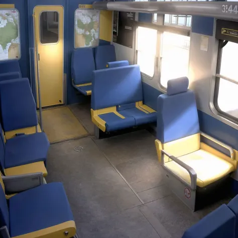 <lora:webcams:1>, webcamscrenshot,
a train car with blue seats and a yellow rail on the side of it and a map on the wall, no humans
