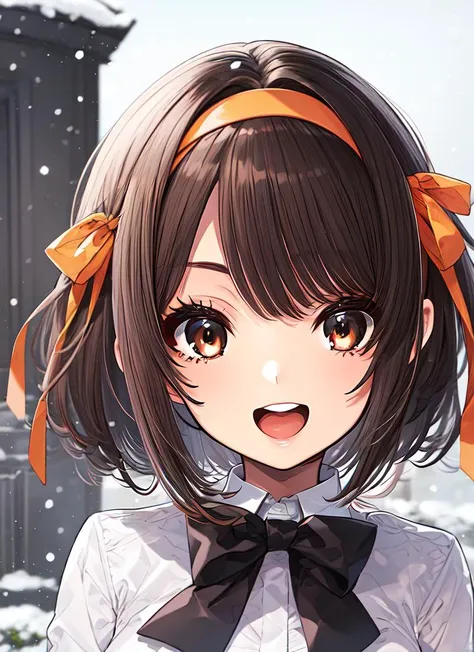 ((best quality)), ((highly detailed)), , (1girl), (solo), close-up, upper body, <lora:hairdetailer:.9>, <lora:suzumiya_haruhi_lora_ver1:.75>, haruhisuzumiya, brown eyes, brown hair, medium hair, smiling, open mouth, hair ribbon, hairband, (outdoors, at a mausoleum, noon, snowing)