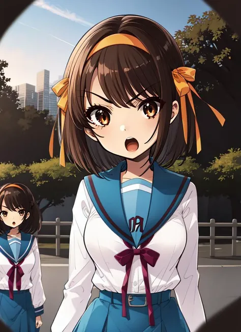 ((best quality)), ((highly detailed)), , (1girl), (solo), <lora:peephole:.6>, ((peep)), fisheye lens, upper body, <lora:suzumiya_haruhi_lora_ver1:.75>, haruhisuzumiya, brown eyes, brown hair, medium hair, angry, open mouth, hair ribbon, hairband, kita high school uniform, serafuku, sailor collar, white shirt, long sleeves, skirt, (outdoors, in a park, trees, path, light post, city in the background, (((multiple girls))), (6+girls), morning, hurricane)