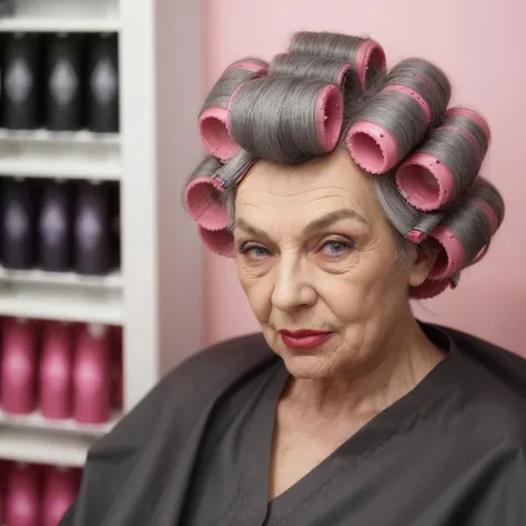 <lora:HairRollers:1>
old woman with grey hair, hair rollers, lipstick
sitting in hairdressers
reading a magazine