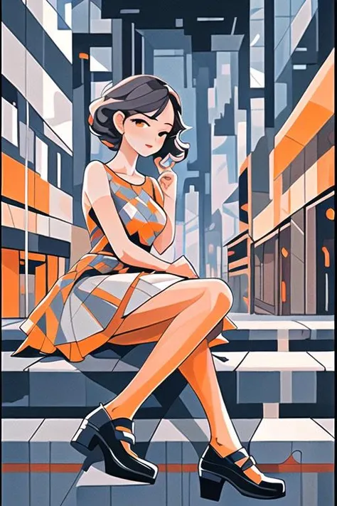 geometric, 1girl, shoes, cityscape, <lora:Gentle_Cubism_Heavy:0.65>, orange