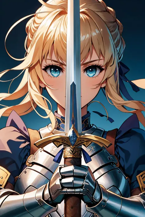 (masterpiece, best quality:1.2), solo, 1girl, saberdef, swordup, excalibur \(fate/stay night\), looking at viewer, close-up, ahoge, braid, hair ribbon, armored dress, ribbon, gauntlets <lora:fate_artoriapendragon:0.8> <lora:swordup-pose-richy-v1:1.1>